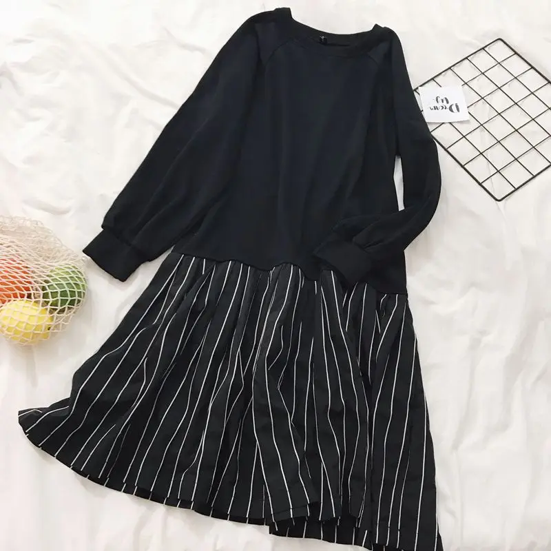 Winter Dresses Women 2017 Casual Loose Striped Patchwork Fake Two Piece Long SLeeve Sweatshirt Dress Black Midi D216 | Женская одежда