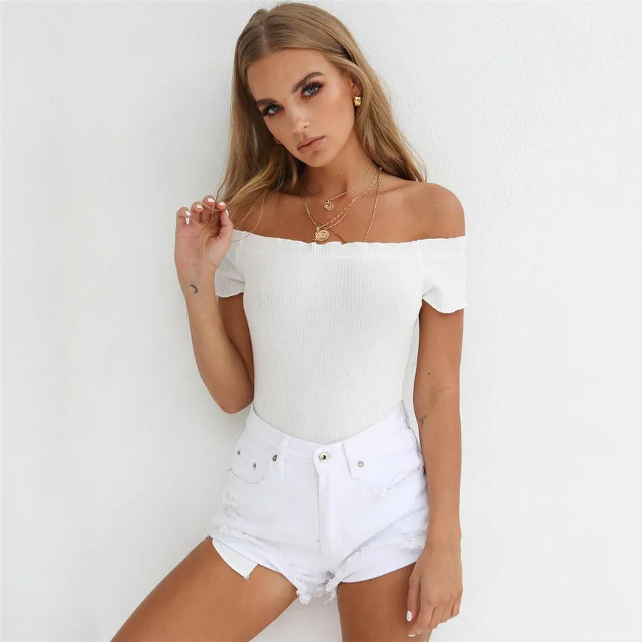 Сексуальные черные Боди женские 2018 трикотажные с открытыми плечами