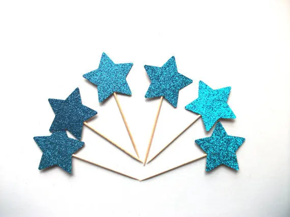

Blue star glittery cupcake toppers 1st birthday, cake topper wedding Food Picks Decor Decorations Boy Party Favors