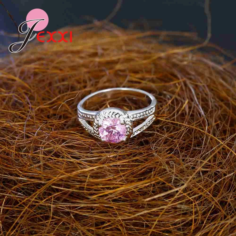 

High Quality Ladies 925 Sterling Silver Rings With Light Pink Crystal Clear Sweet Cute Little Fresh Style Jewelry