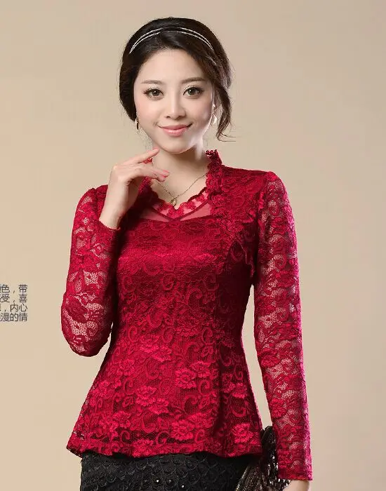 Новая мода renda blusas femininas, Женская кружевная рубашка, открытая кружевная блузка, рубашка для женщин, большие размеры, цветочные кружевные топы - Цвет: wine red