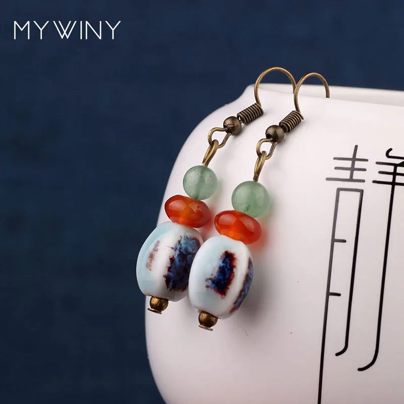 Женские винтажные серьги MYWINY зеленые с керамическими бусинами в этническом
