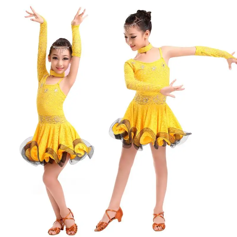 

Elegant Rhinestone Embroidered Dancing Dress Single Long Sleeve Lace Dresses Child Girls Performance Show Clothing tls303