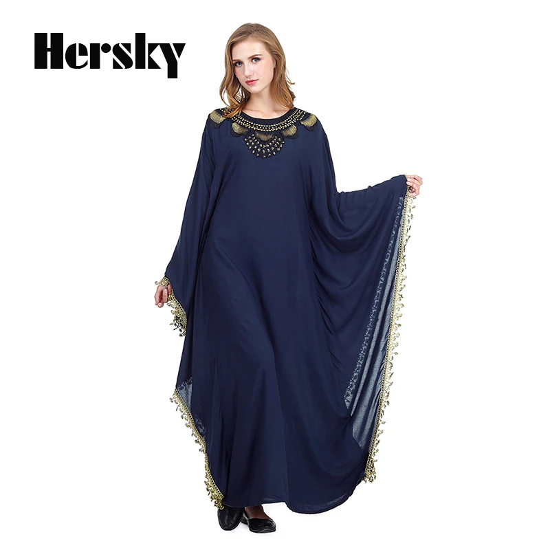 Middle East Dubai Loose Abaya Kaftan Turkish Muslim Embroidery Dress Islamic Women Bat Sleeve Navy Dresses Clothing Plus Size |