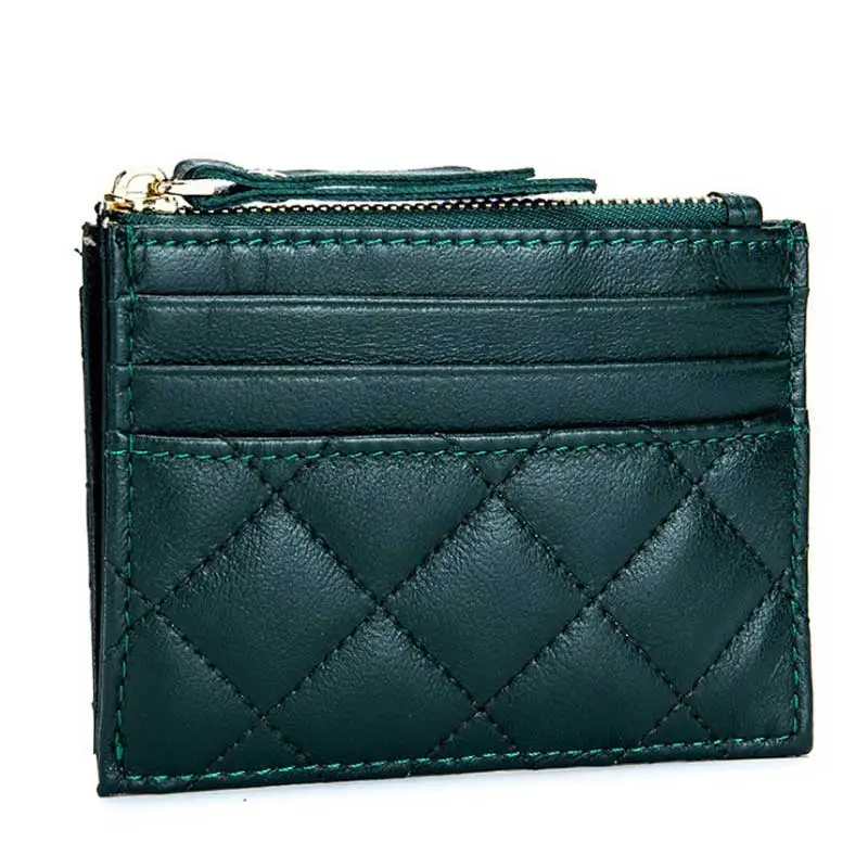 green Soft Lambskin Small Leather Wallet Woman Purse Zipper Leather Cardholder Genuine Leather Small Money Bag Visit Card Holder - Цвет: green