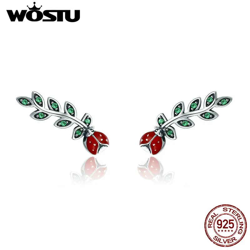 WOSTU,,, 925 пробы, серебряные, Божья коровка и листья, висячие серьги для женщин, фирменное название, серебряные ювелирные изделия, подарок CQE314