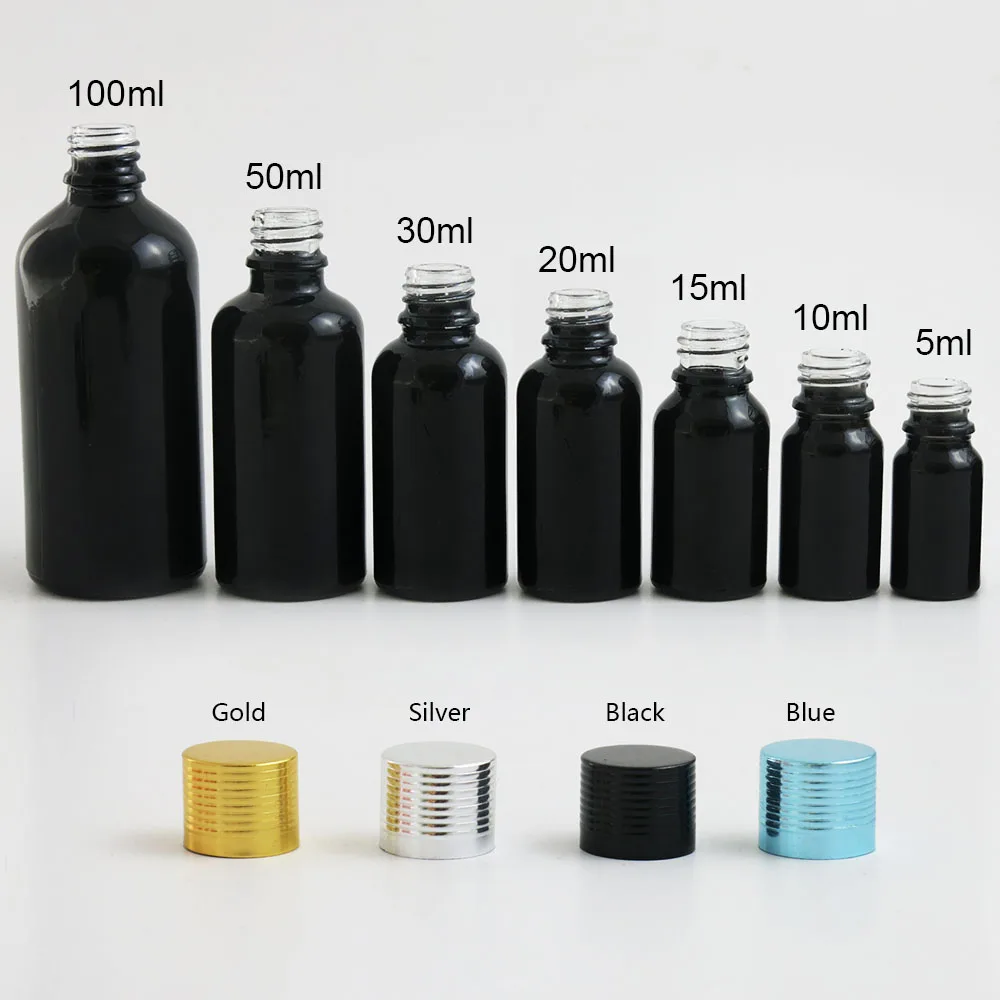 

360 x 5ml 10ml 15ml 20ml 30ml 50ml 100ml Travel Cosmetic Shinny Black Refillable Essential Oil Bottle With Cap & Orifice Reducer