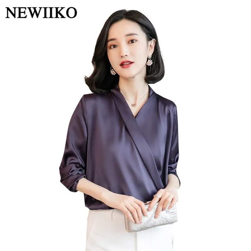 Fashion Women solid color loose Tops V-Neck Long Sleeve Blouses Office Shirts Ladies Work Wear Casual spring Autumn Basic Shirt