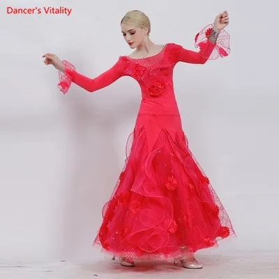 Hot pink suit Для взрослых костюмы для бальных танцев костюм одежда с длинным рукавом Топы+ юбка большого размера 2 шт./компл. для Для женщин, латинских танцев; вальса; Танго; танцевальный костюм для выступлений - Цвет: Hot pink suit