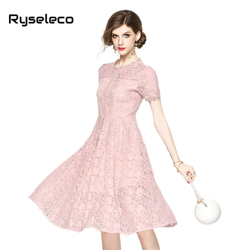 Женское кружевное платье миди розовое повседневвечерние с цветочным кружевом