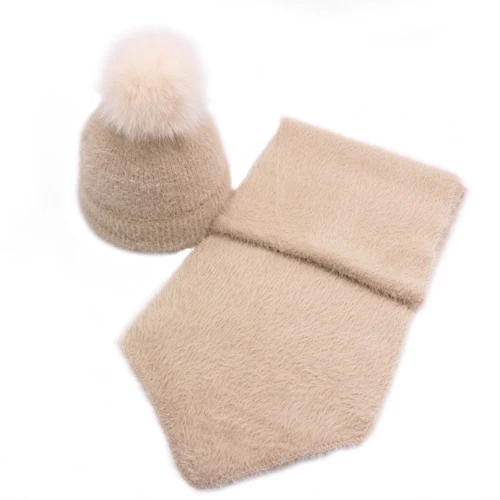 Beige - Set Новое поступление, винтажная теплая меховая женская шапка, шарф, набор, зимний уплотненный вязаный искусственный мех норки, шапочки, женские шапки, женские шарфы - Цвет: Beige - Set