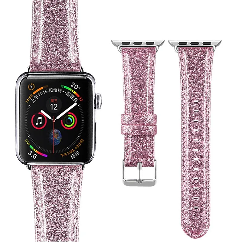 Розовый Laforuta для Apple Watch, ремешок 40 мм, 44 мм, кожаный iWatch, ремешок 42 мм, 38 мм, блестящий, мощный, шикарный, наручные часы, браслет на Рождество - Цвет ремешка: Розовый