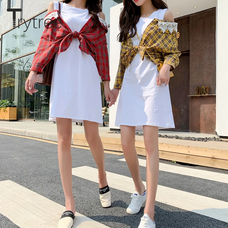 Trytree летнее модное платье женское кружевное клетчатое блуза пэчворк футболка