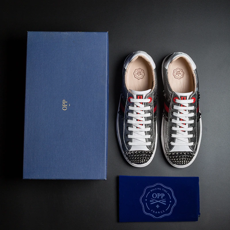 

OPP Men's Shoes Hip Hop Metal Rivet Lace-up Shoes Leather Fashion Men's Casual Personality Punk Skateboard Shoes