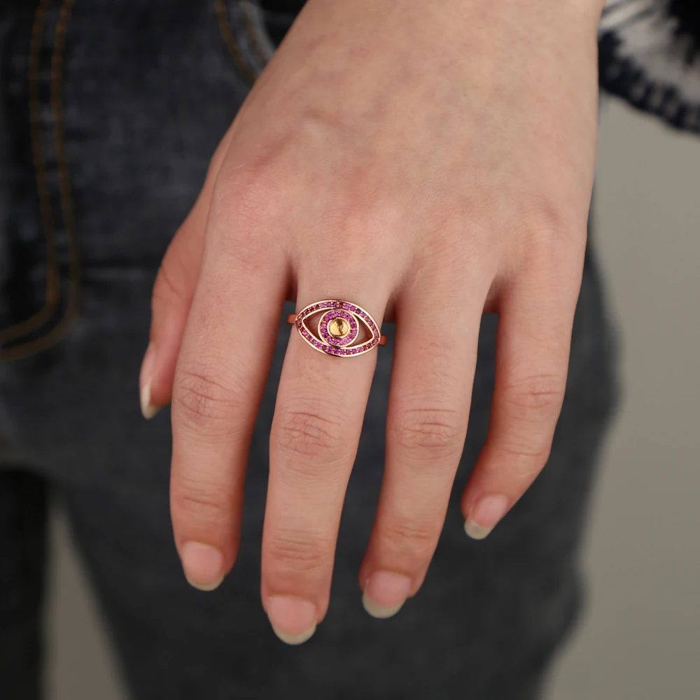 Женское кольцо в форме глаз Золотое розовое золото Радужное цветное красное cz