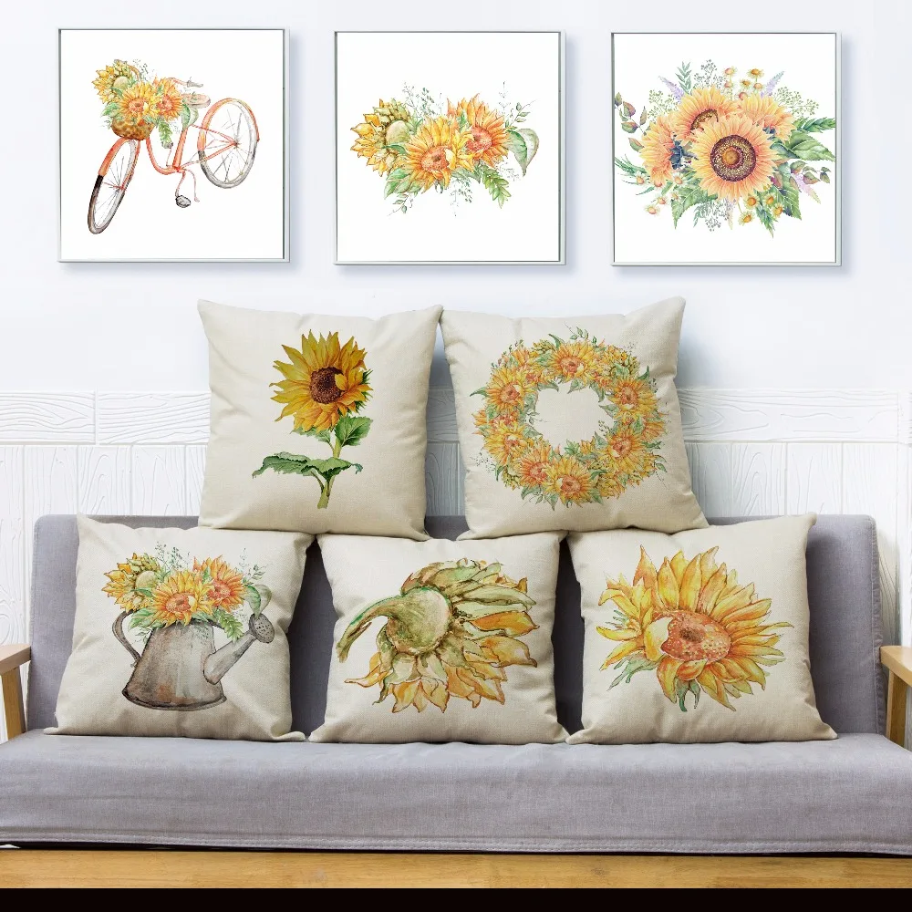 Акварель желтого цвета с принтом в виде подсолнухов декоративная наволочка для