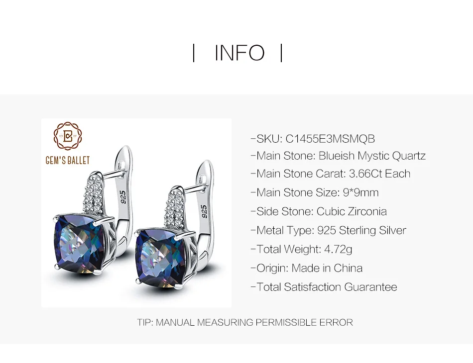 GEM'S BALLET 7.33Ct натуральный Blueish Мистический Кварц серьги-гвоздики 925 пробы Серебряные Серьги с драгоценными камнями для женщин хорошее ювелирное изделие