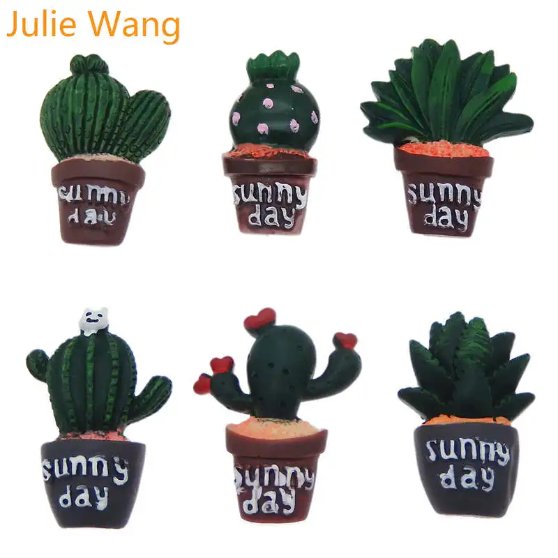Кактус из смолы Julie Wang 6 шт. с плоской задней поверхностью зеленый в горшках