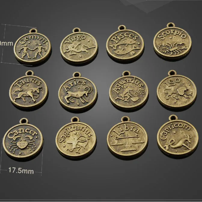 

High Quality 120 Pieces(10 Sets)/Lot 20mm*17.5mm Assorted Antiqued Bronze Twelve Constellations Metal Sign Zodiac Charms For Diy