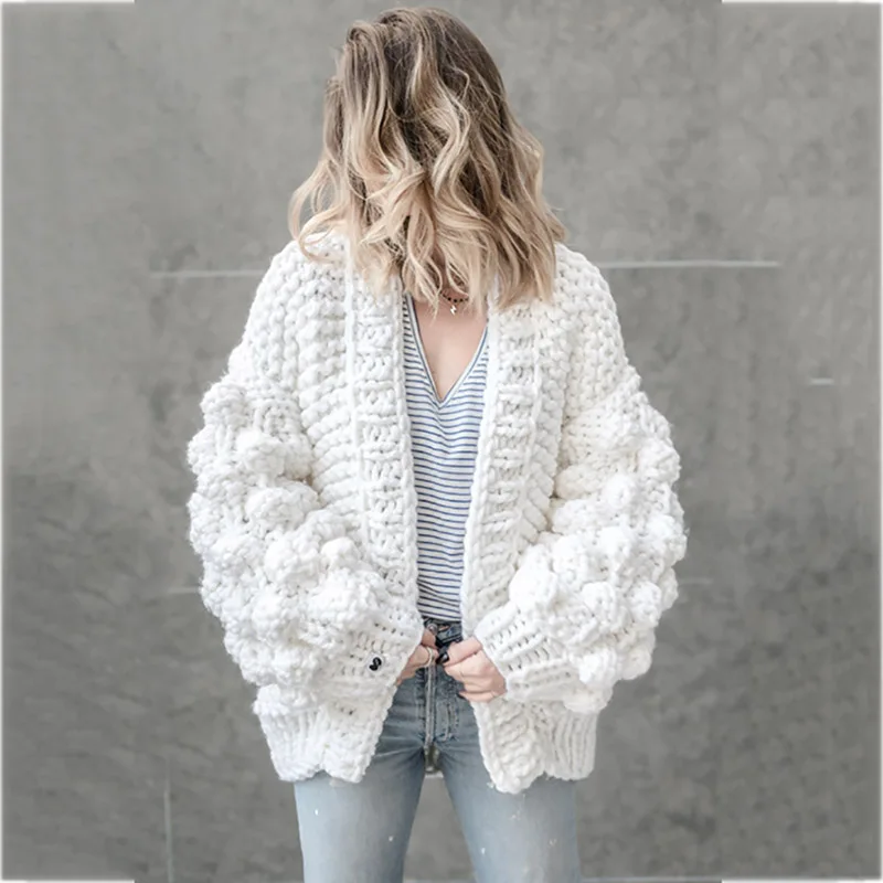 Winter Women's Thick Cardigan Sweater Coat Wool Handmade Woven Shawl High Street Style Warm Pink |