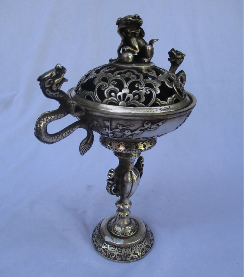 Курильница из тибетского серебра с 2 драконами 0008 | Дом и сад
