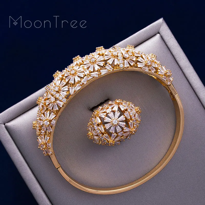 MoonTree Блестящий Полный циркон цветы AAA кубический цирконий золотые украшения медные вечерние из Саудовской Аравии Арабский Браслет в дубайском стиле набор колец для свадьбы
