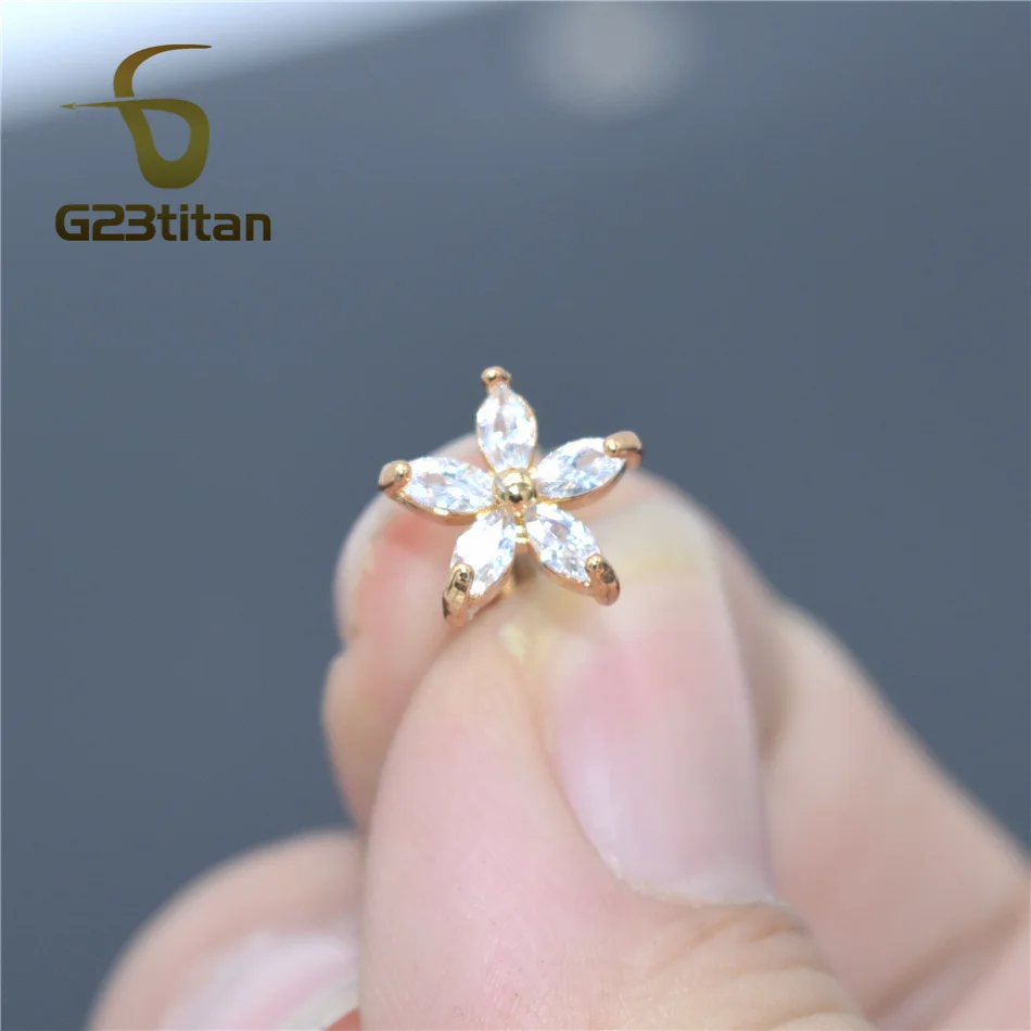 G23titan Украшенные цветком из страз, ушные серьги, Надеваемые На ушной хрящ 16G 6 мм стержня уха для Спиральные серьги в форме раковины пирсинг кольцо Для женщин тела пирсинг ювелирные изделия