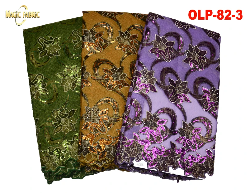 

2017 Latest organza lace fabric embroidered with sequins high quality African lace fabric for woman party dress 5 yards OLP-82