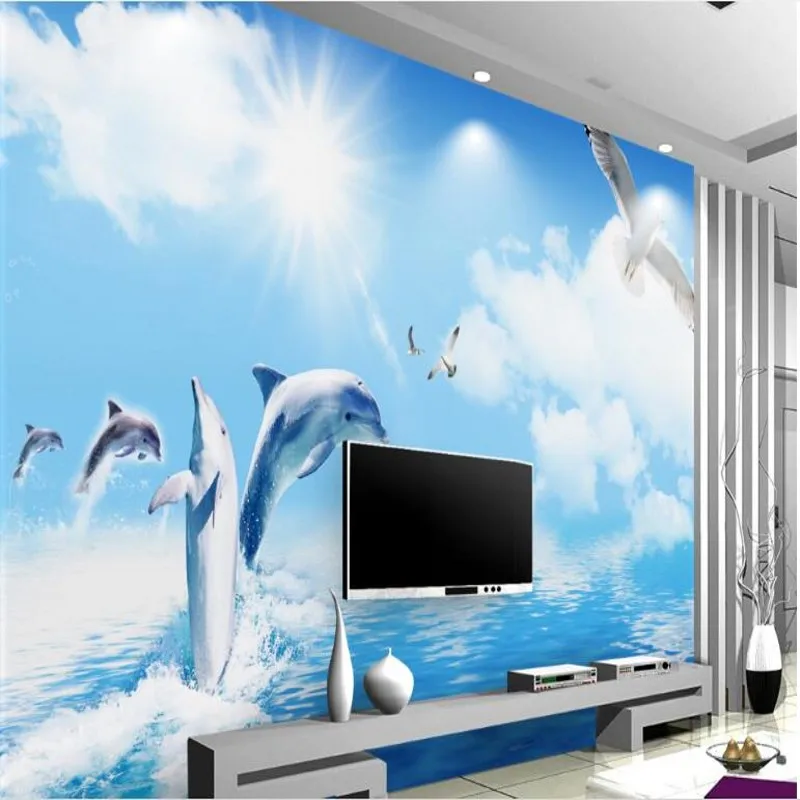 

wellyu Custom large fresco modern simple blue sea wave dolphin light and television TV backdrop wallpaper papel de parede