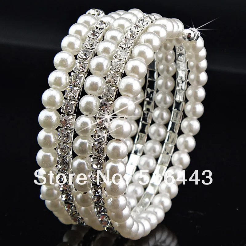 

New Arrival 12pcs 5 rows Clear Czech Rhinestones Pearl Stretchy Women Charms Bangles Bracelets Wholesale Fashion Jewelry A-685