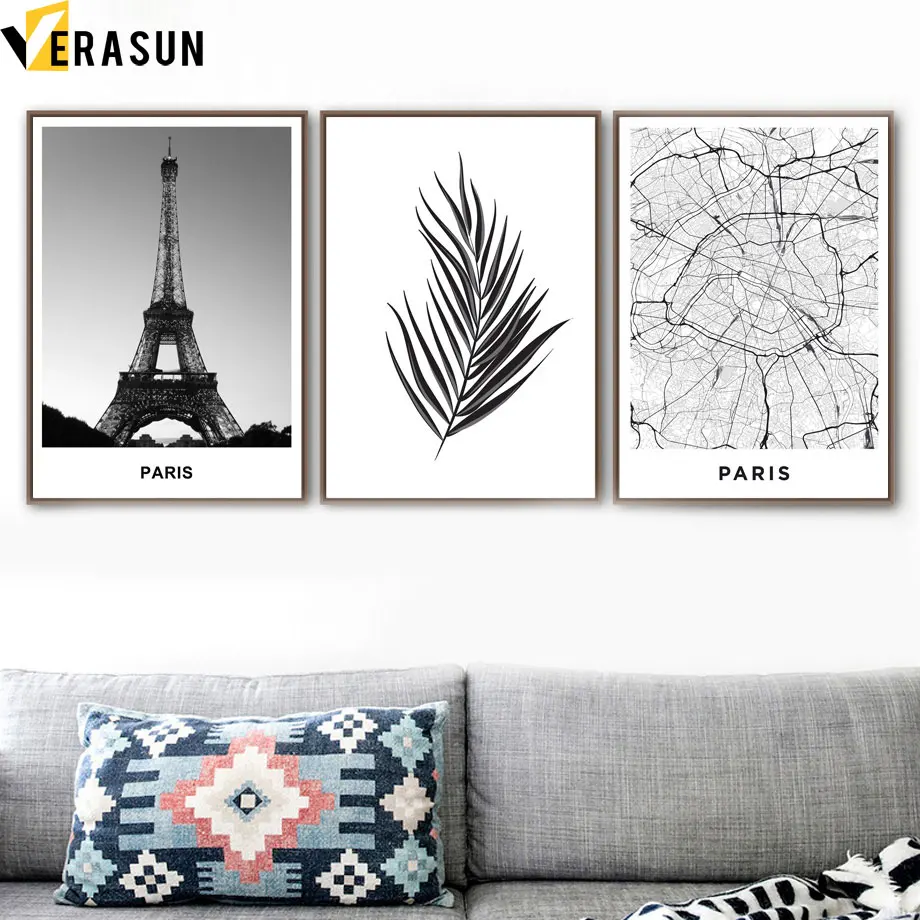 Карта Города Парижа башня листья цитата пейзаж настенная Картина на холсте