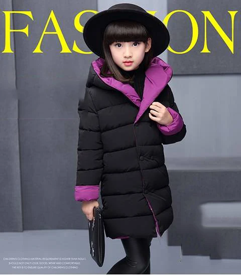 New Girls' cotton coats, long thick padded cotton suits, big boys and girls, wearing cotton jackets on both sides