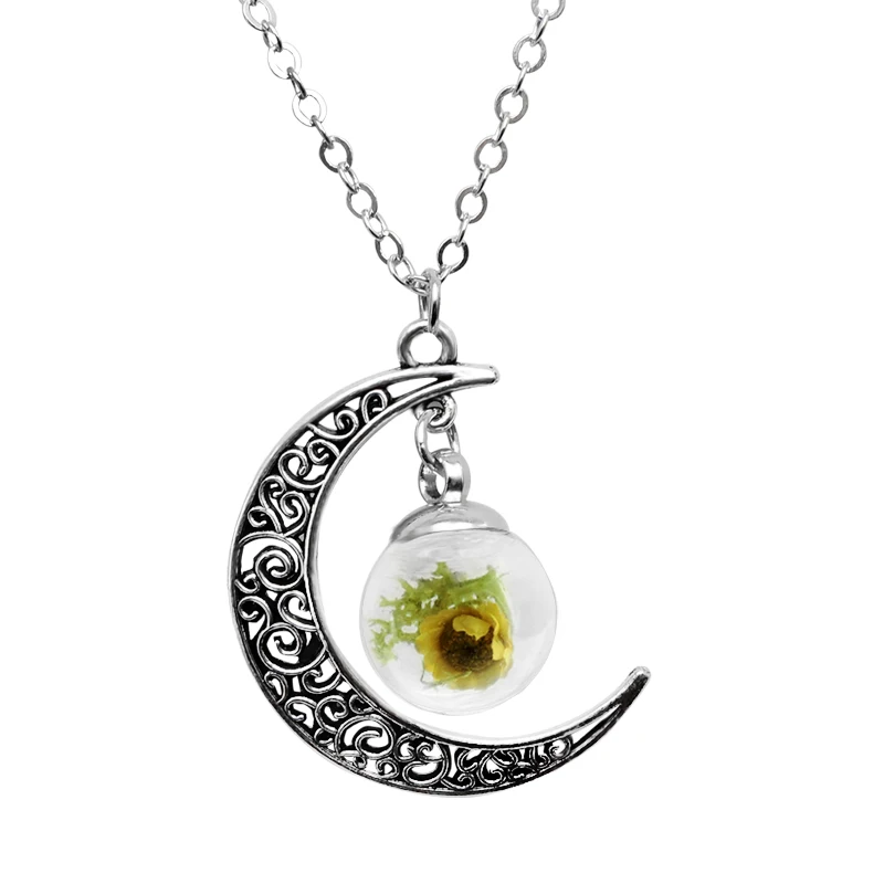 Девушка Луна натуральный сушеный цветок ожерелье покрытие серебро стекло купол