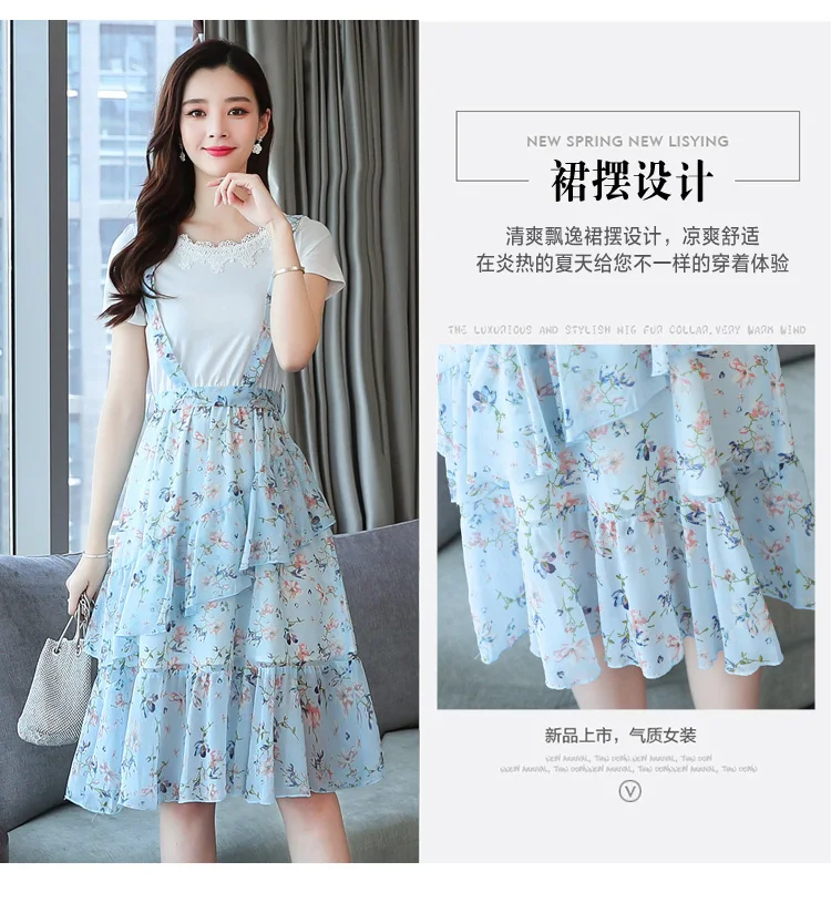 Femal Vintage Elegant Blue Chiffon Boho Midi Dresses Summer Plus Size Fake Two Piece Sundress Women Bodycon Party Vestidos