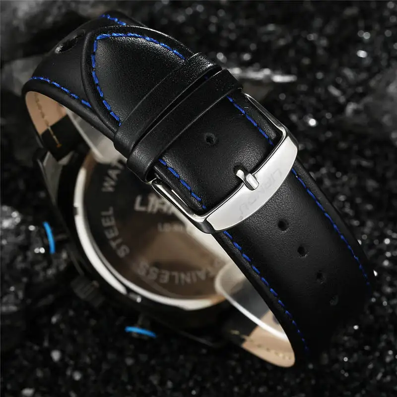 Роскошные мужские часы LIANDU коричневые черные с кожаным ремешком полный