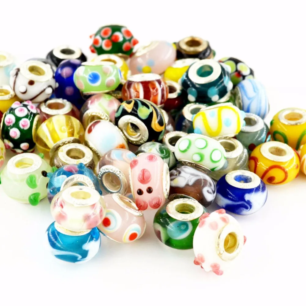 50pcs/pack DIY Round Square Big Hole Glass Bead Colorful With Wave Circle Ripple Point Pattern Jewelry Accessories For Bracelet | Украшения