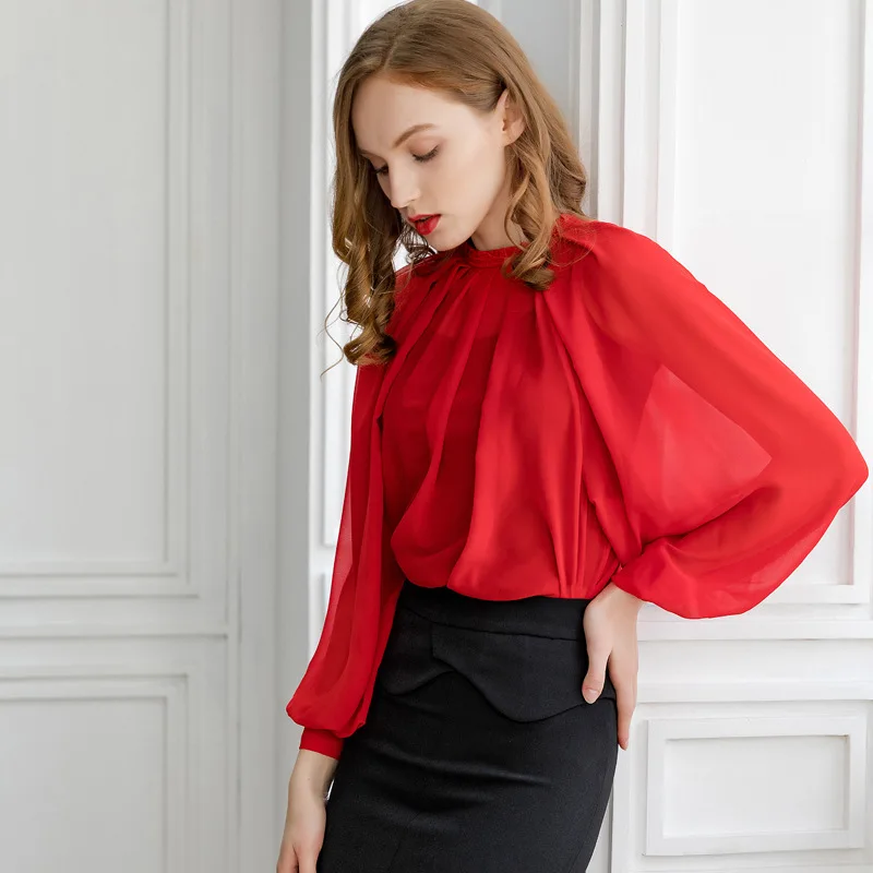 Red PIXY шелк модная шифоновая блузка вуаль сексуальные топы черная сетка длинный рукав летучая мышь рубашки корейский прозрачный топ Женская одежда - Цвет: Red