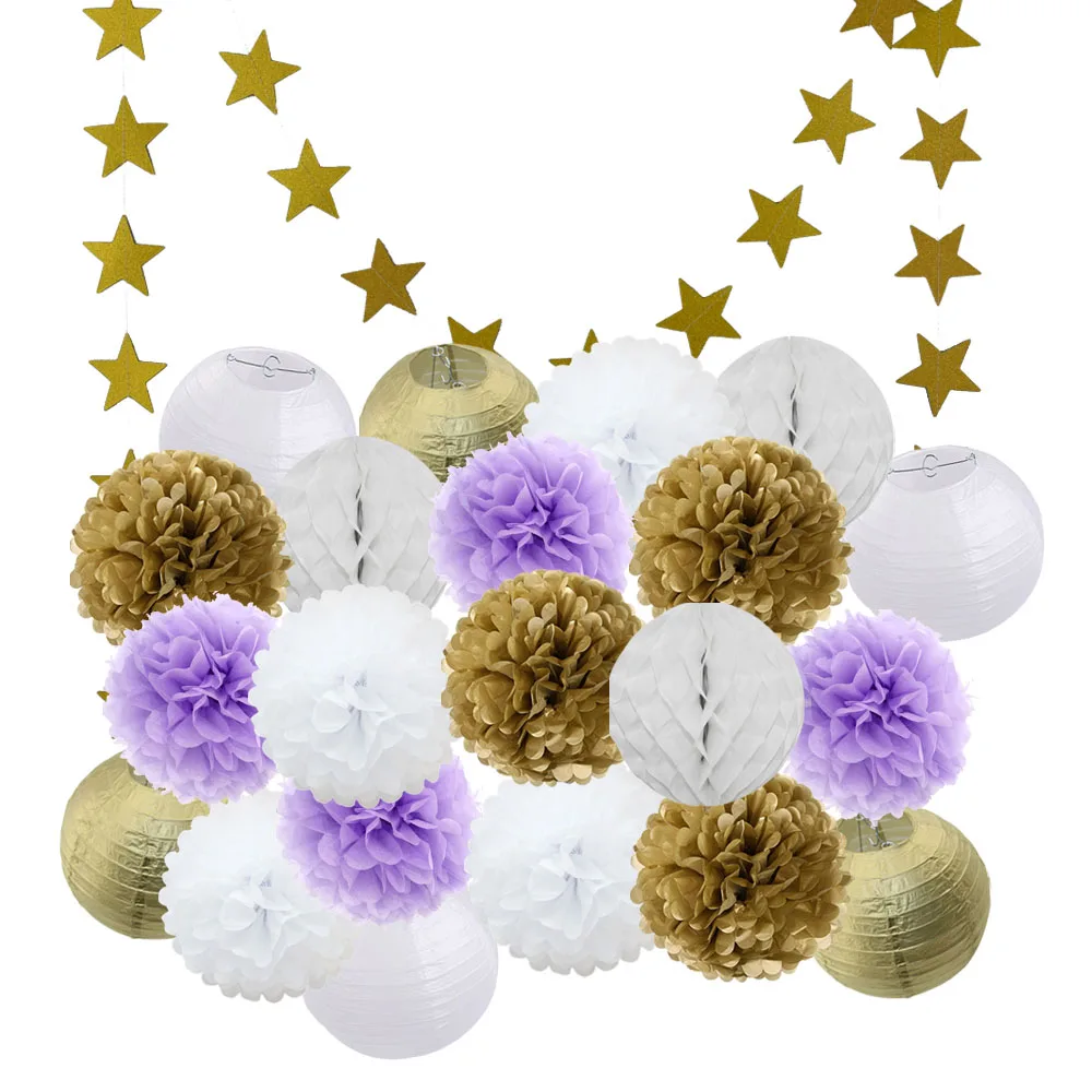 gold purple set Горячая 22 шт./компл. золото/черный/белый подвесной круглый бумажный фонарь для выпускное мероприятие праздничное украшение свадебный Декор бумажные ремесла - Цвет: gold purple set