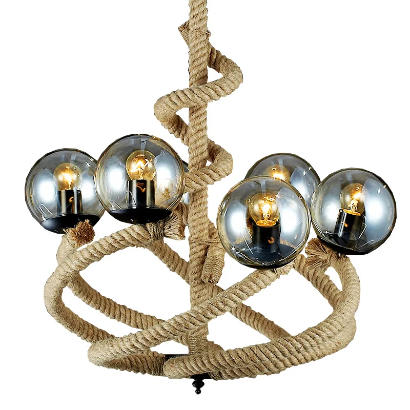 

American Vintage Hemp Chandeliers Home Deco Living Room Bedroom Retro Lamp Smoke Grey Glass Ball Light 6 Head E27 LED Fixture