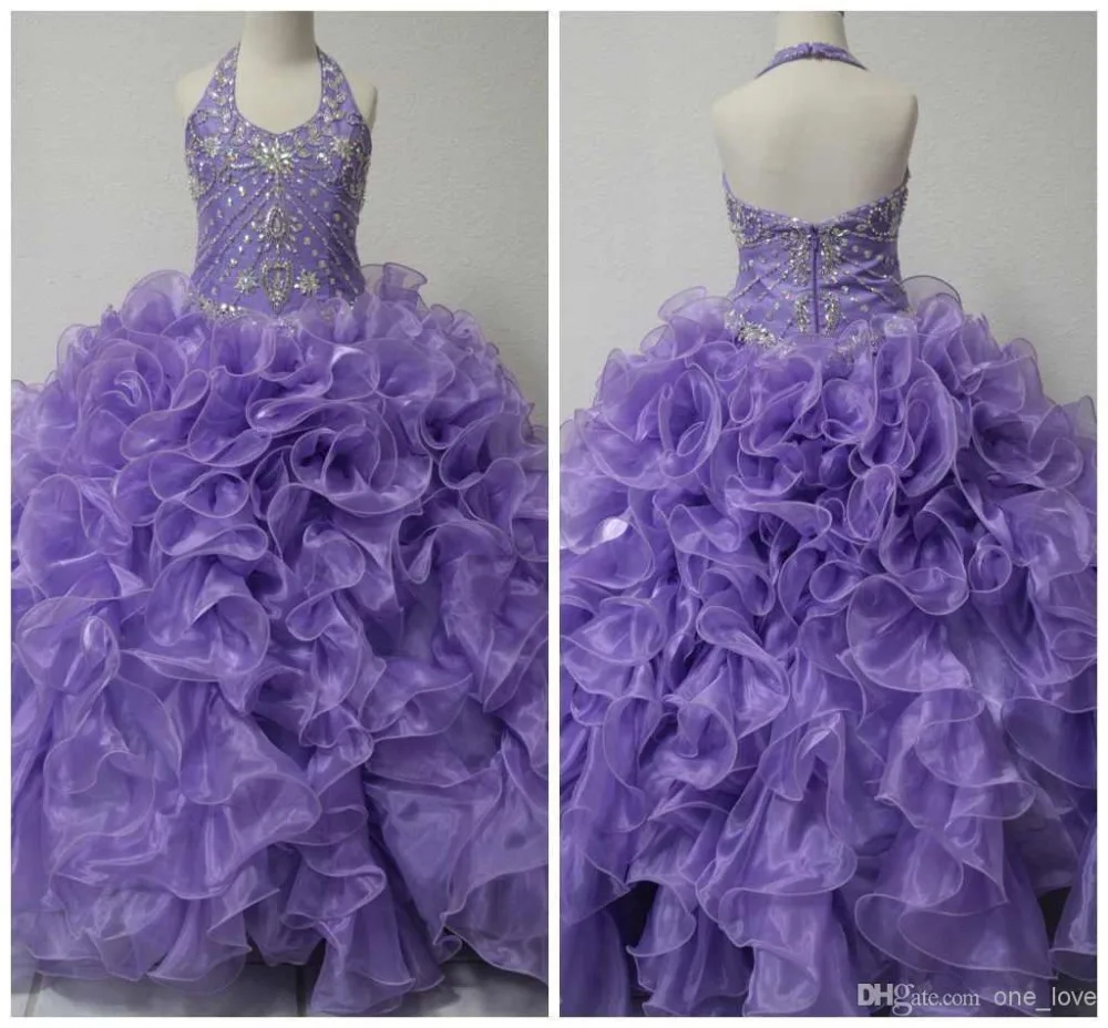 Halter Ruffle Actual Image Organza Beaded Lovely Girl's Pageant Real Sample Dresses Floor Length Glitz Flower Ball Gowns | Свадьбы и
