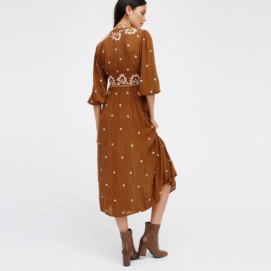 Женское винтажное платье с цветочной вышивкой TEELYNN Boho повседневное длинное