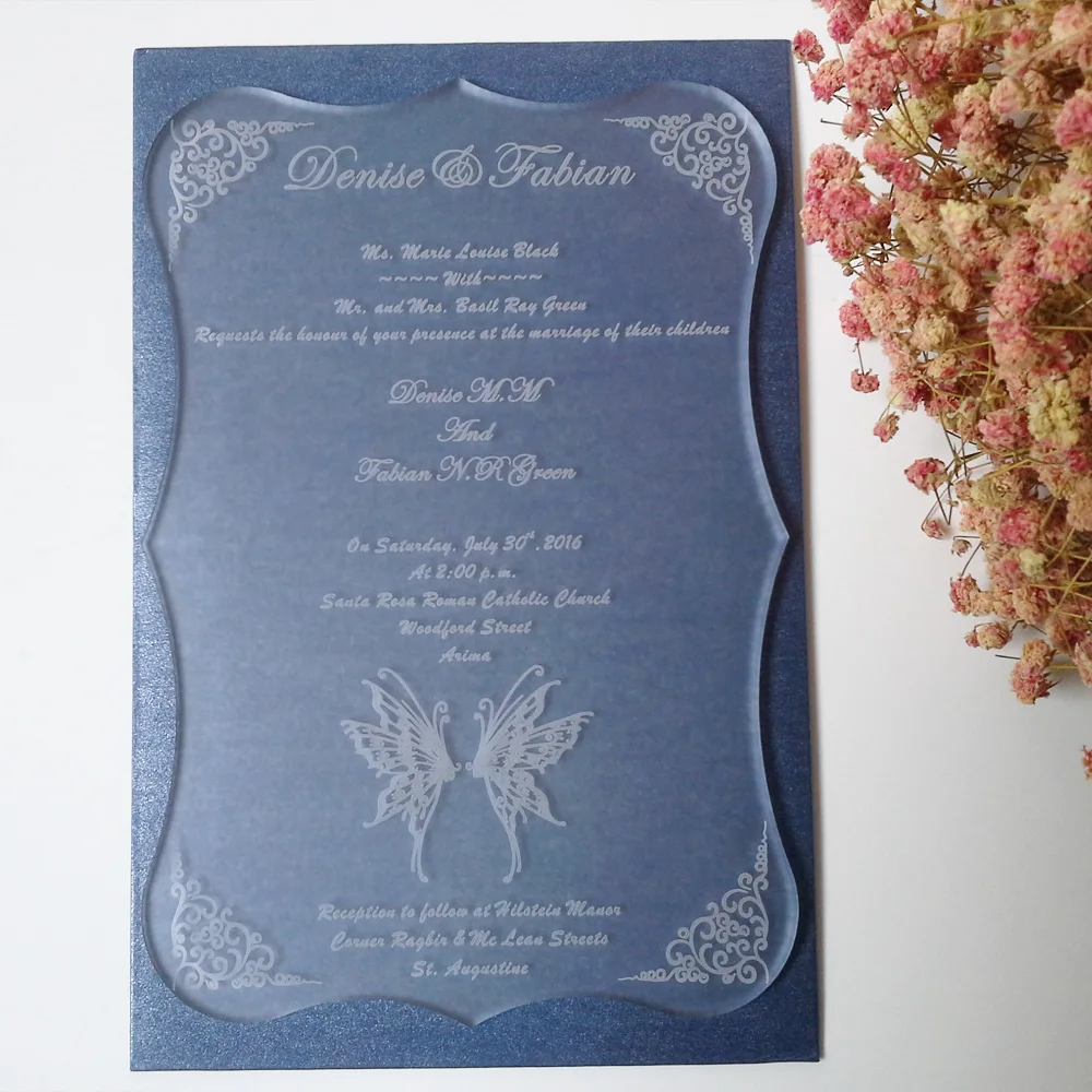 Customized sample for 5*7inch frosted acrylic wedding invitation card