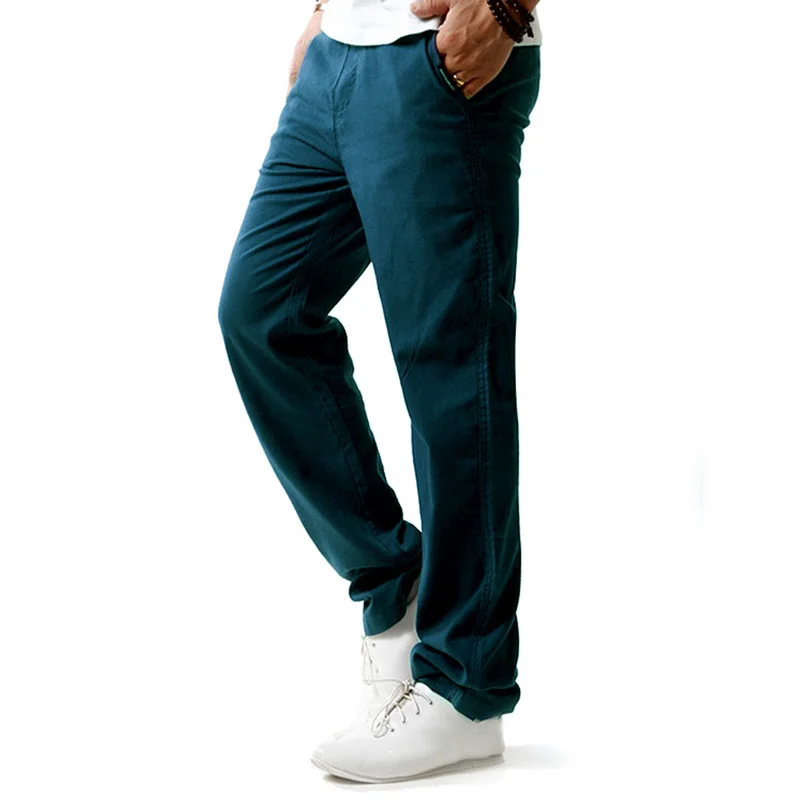 Мужские льняные брюки 5 цветов свободные хлопковые с эластичным поясом 4XL для