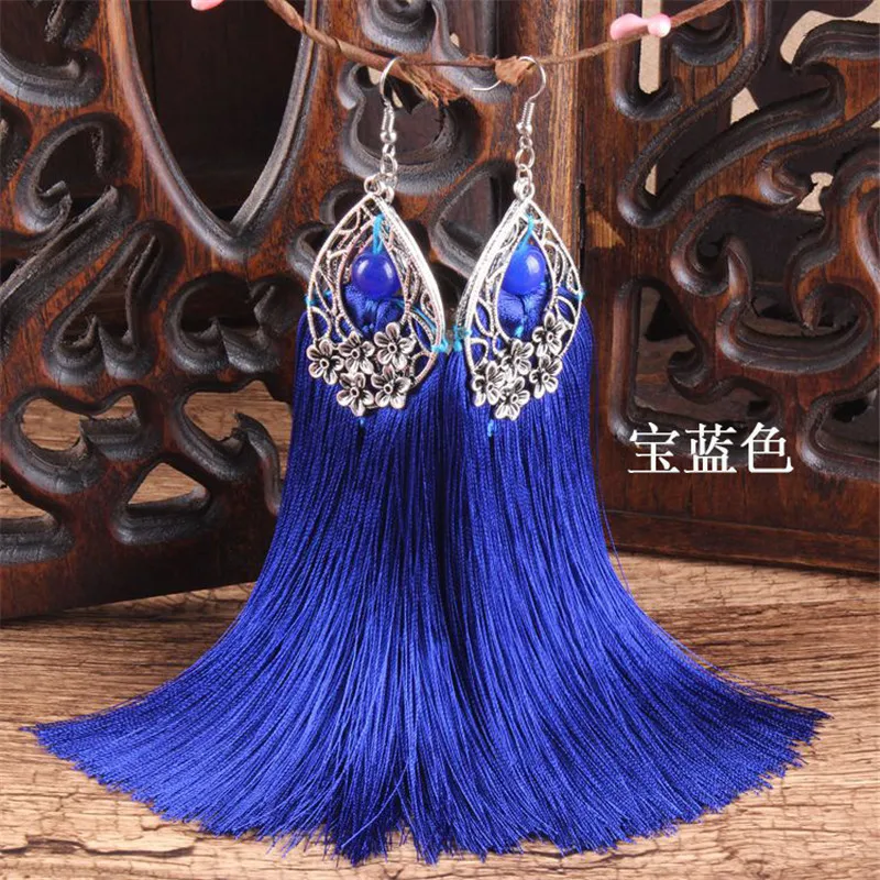 dark blue AINILIDAN этнические ювелирные изделия, серьги ручной работы из тибетского серебра, длинные шелковые серьги с длинными кистями, модные Висячие женские аксессуары - Окраска металла: dark blue