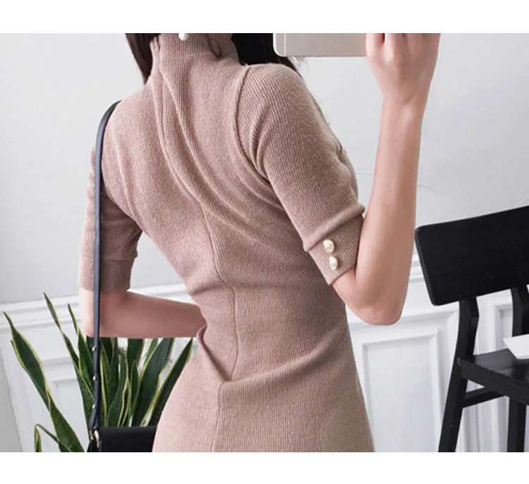 Temperament Lady Dresses Women Spring Design Sexy Bandage Sheath Mini White Knitted Double Button Tunic Sweater Dress 170D
