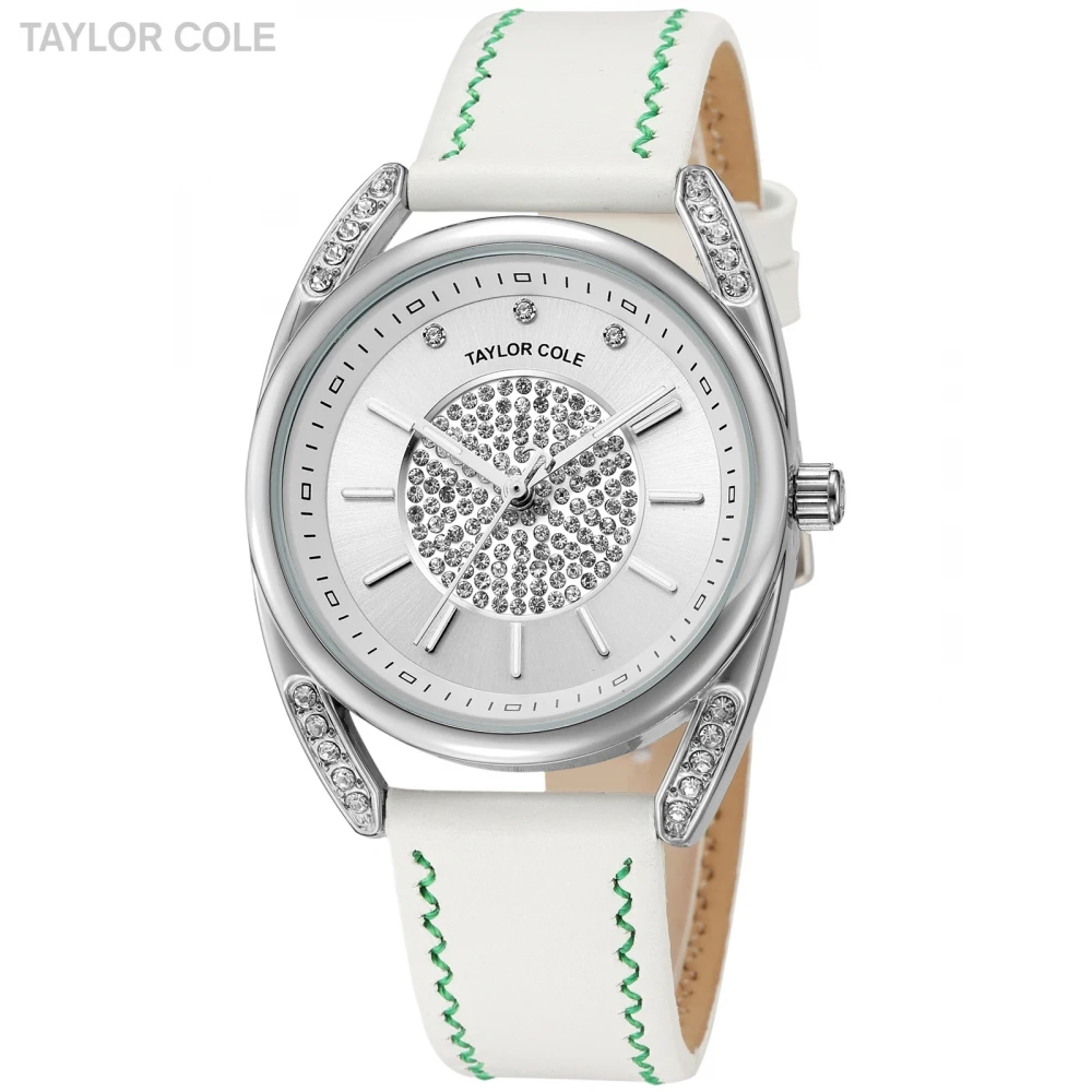 Женские часы с серебряным кристаллом Taylor Cole белые элегантные кварцевые кожаным