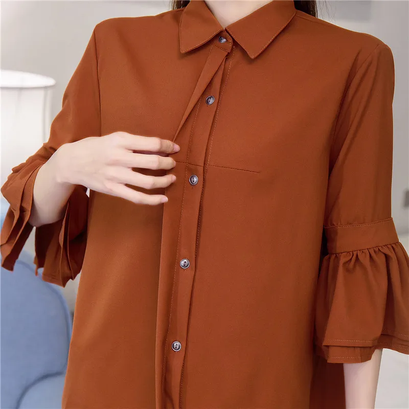 Free Shipping 2017 Autumn Pure Color Chiffon Blouse Women Tops Turn-down Collar Flare Sleeve Shirt Ladies Office |