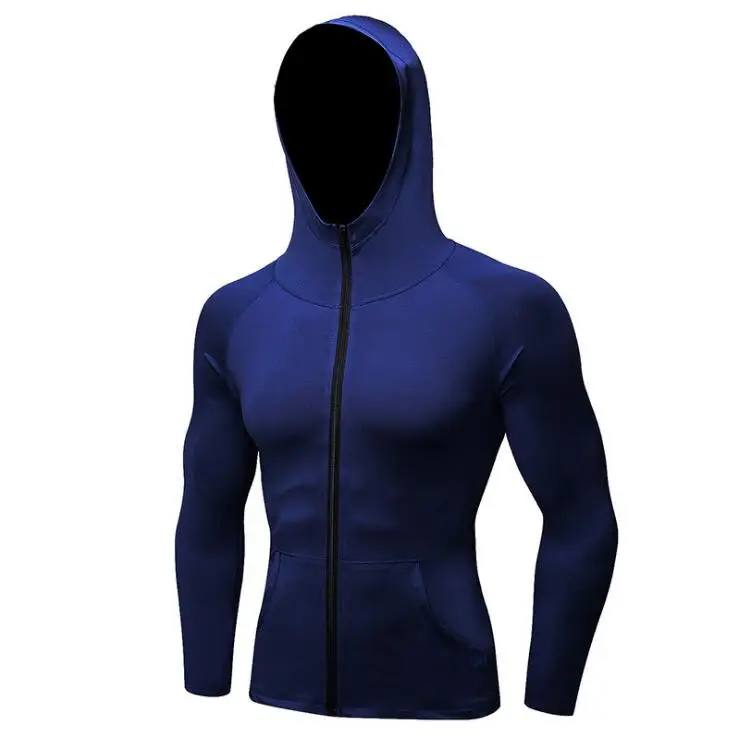Blue Новинка, мужская куртка для бега с капюшоном на молнии, спортивная одежда, высокая эластичность, толстовки для спортзала, фитнеса, быстросохнущая одежда, мужские футболки - Цвет: Blue