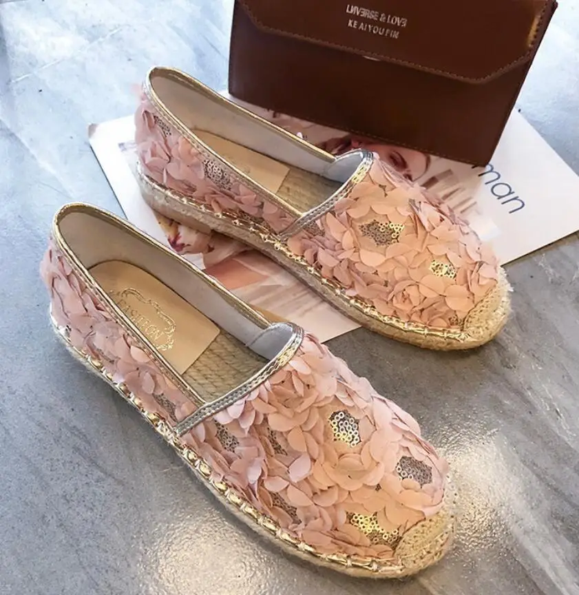 pink flats Красивое кружево с цветами летние туфли без задника Женские Дышащие сетчатые блестящие тапочки на плоской подошве соломенные льняные эспадрильи оксфорды для девочек пляжные шлепанцы - Цвет: pink flats