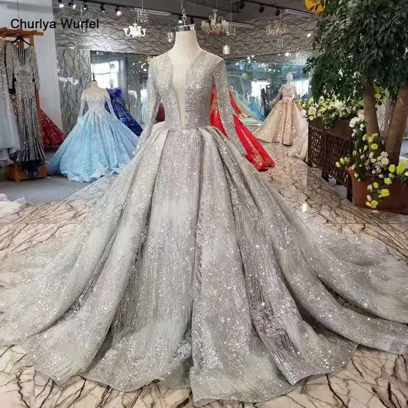 LSS406 блестящие Роскошные вечерние платья с блестящим глубоким v-образным вырезом с длинным рукавом Вечерние платья с длинным шлейфом женские блестящие платья